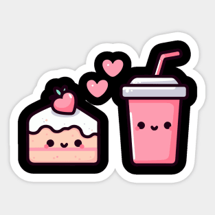 Kawaii Style Strawberry Cake and Milkshake in Love | Design for Kawaii Food Lovers Sticker